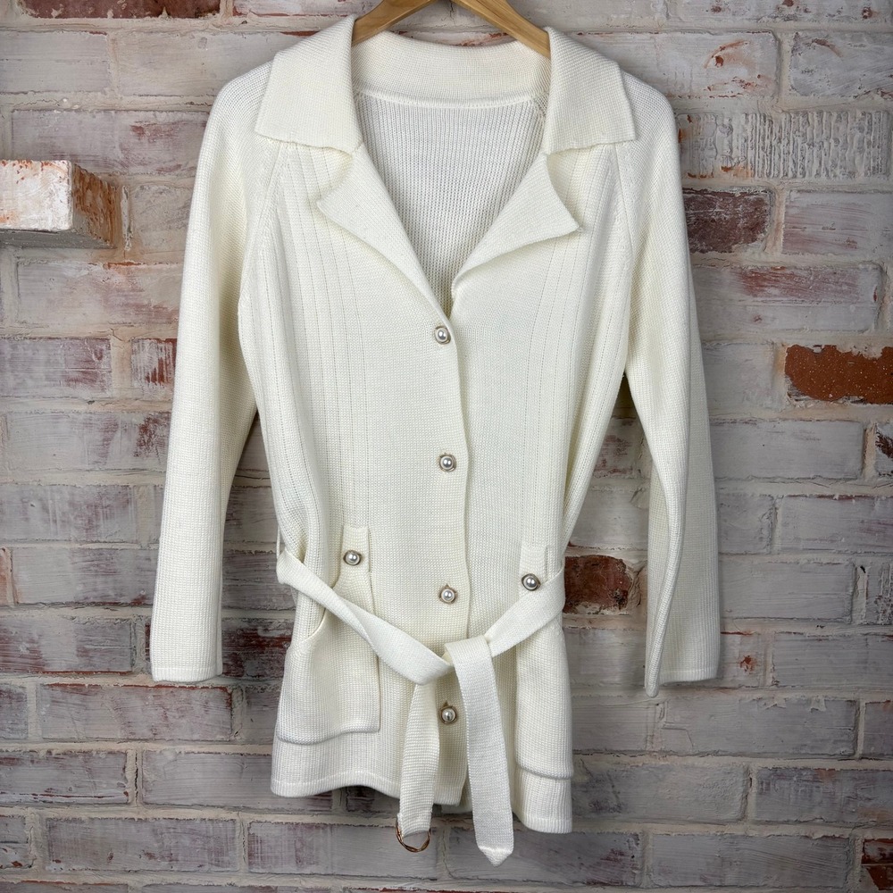 Vintage '60s Cream Belted Knit Cardigan Pearl Button Quiet Luxury Coquette